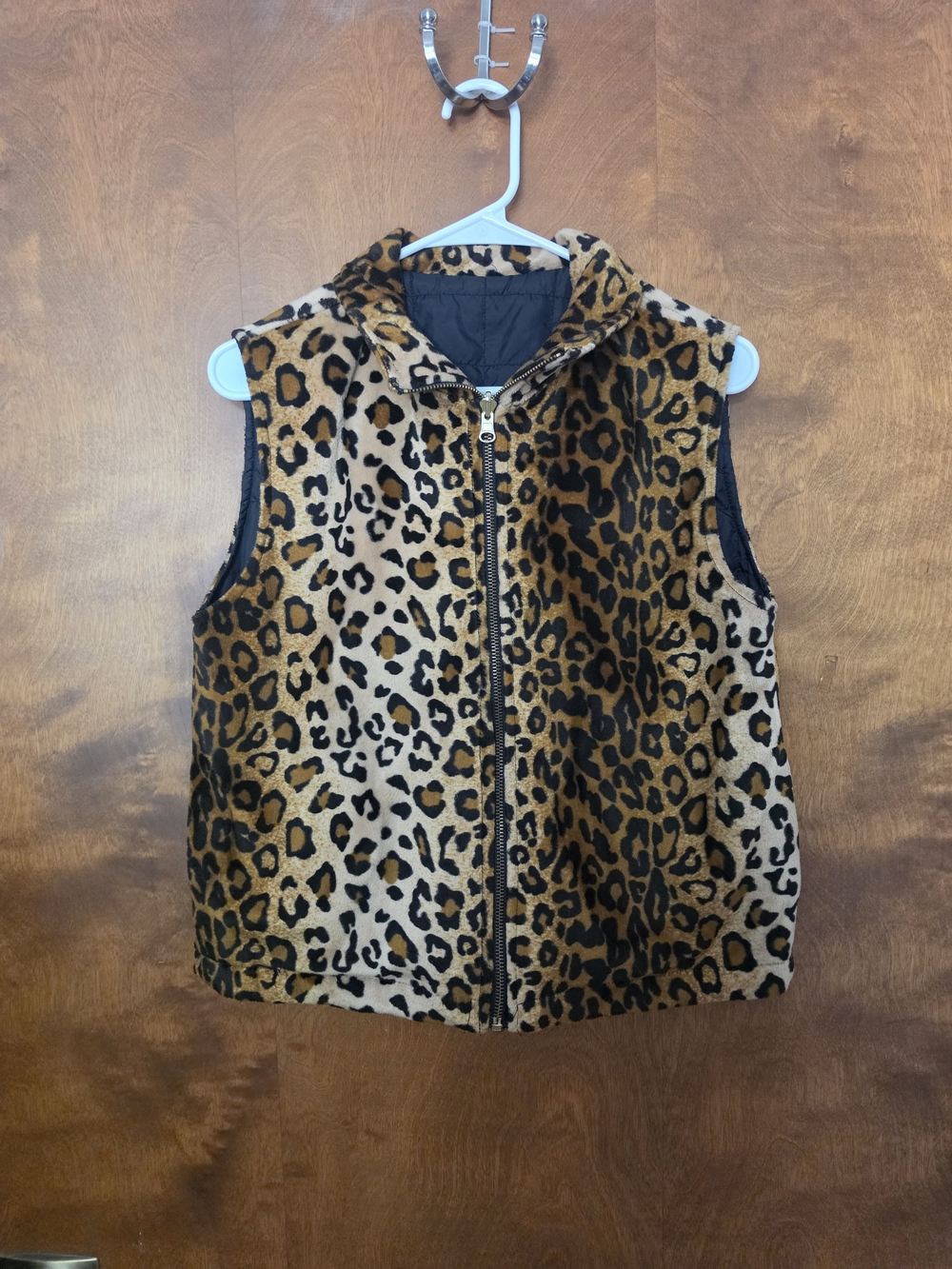 Faux Fur Leopard Print Vest - Tan/Black Reversable